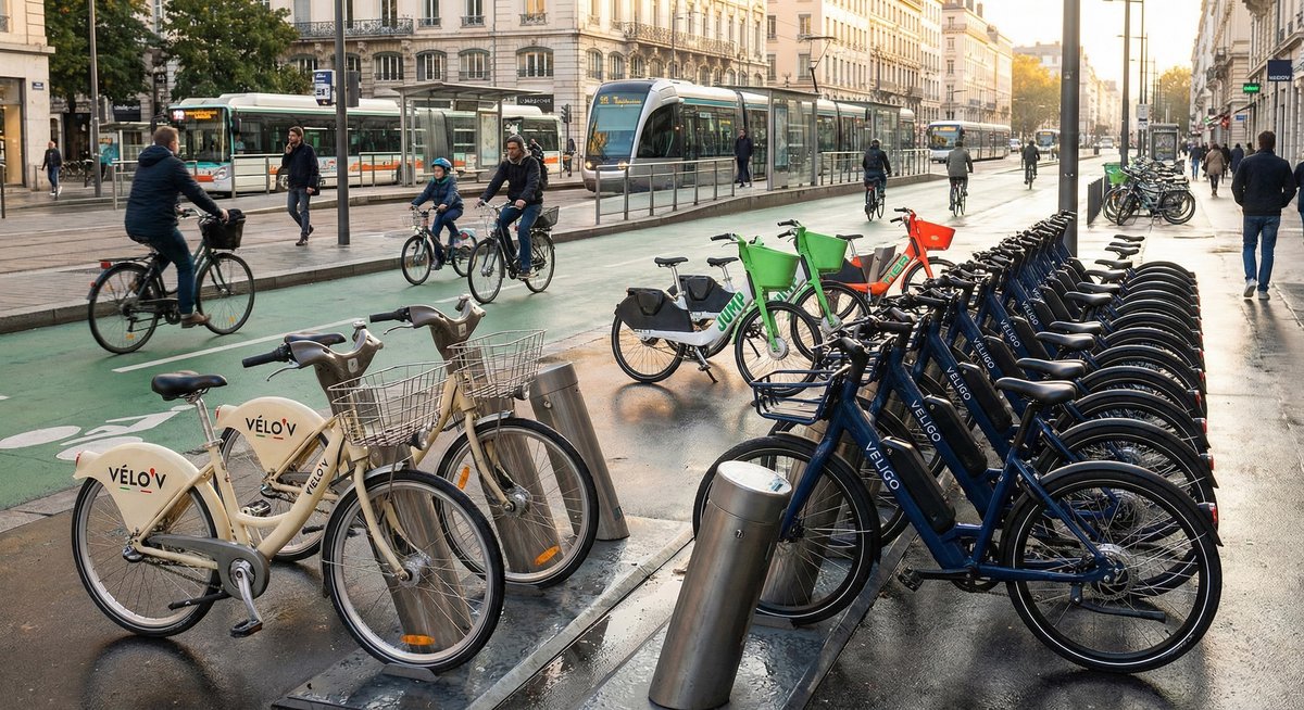 Vélos publics en libre-service alignés dans une ville française, illustrant le rapport 2025 sur la croissance du vélo public