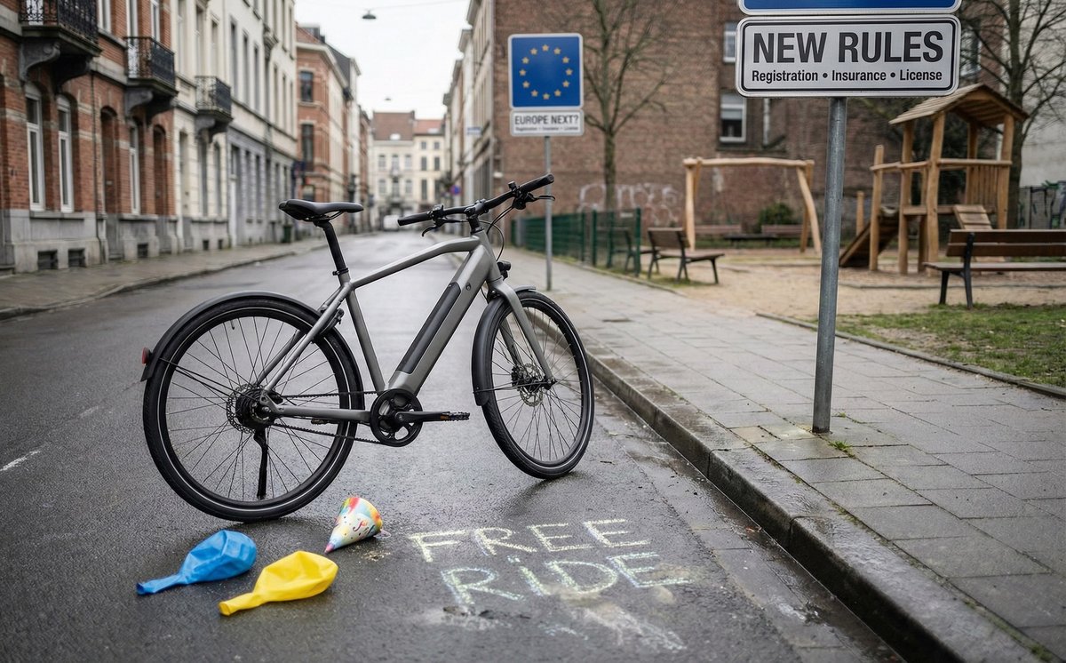 Cycliste urbain sur vélo électrique circulant en ville, symbole du débat sur la réglementation et le statut du vélo électrique