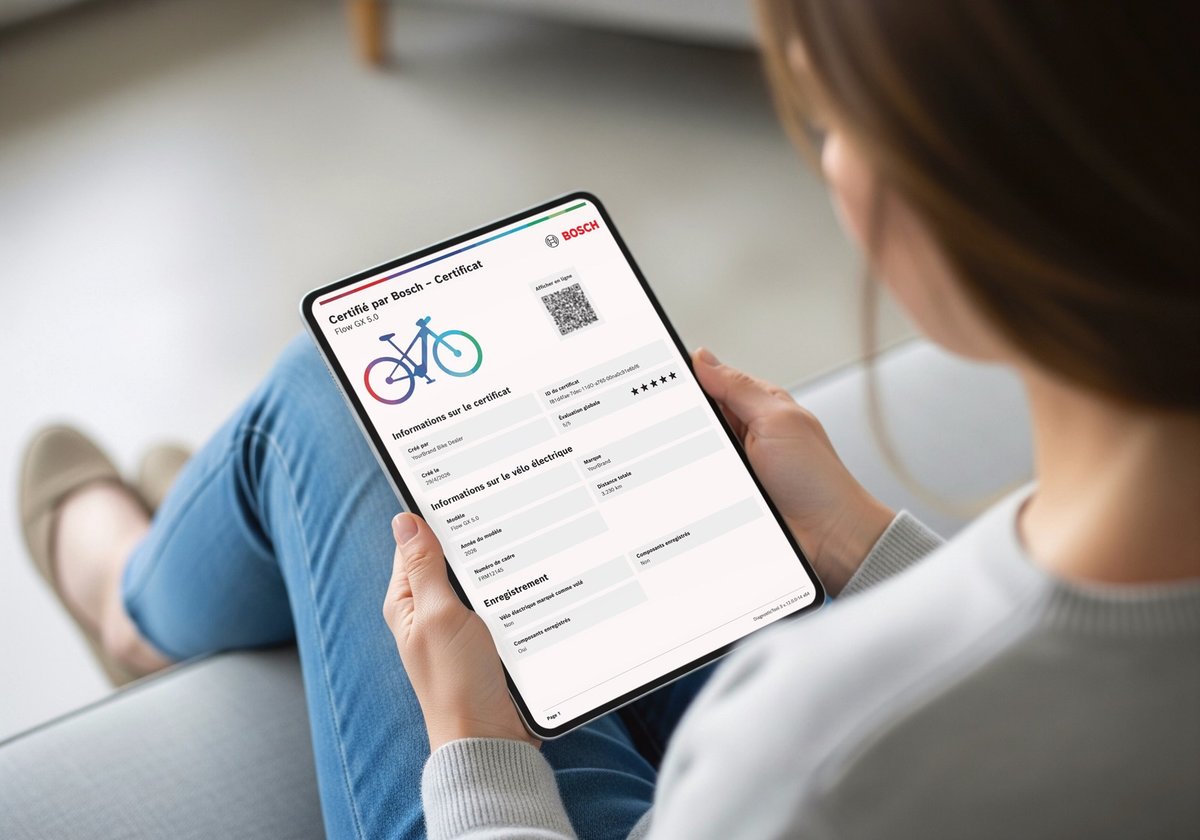 Certificat Bosch affichant l’état d’un vélo électrique d’occasion, avec les données de batterie et de moteur.