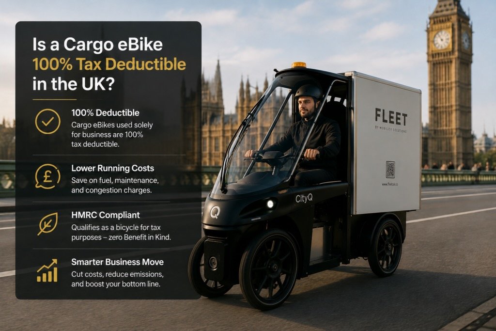Vélo cargo électrique CityQ circulant sur un pont à Londres avec Big Ben en arrière-plan.