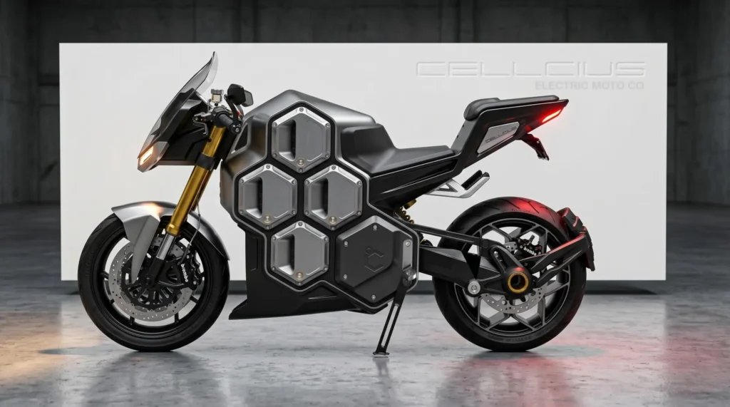 Vue de profil de la moto électrique Cellcius C-01 avec ses batteries hexagonales Hex-Core