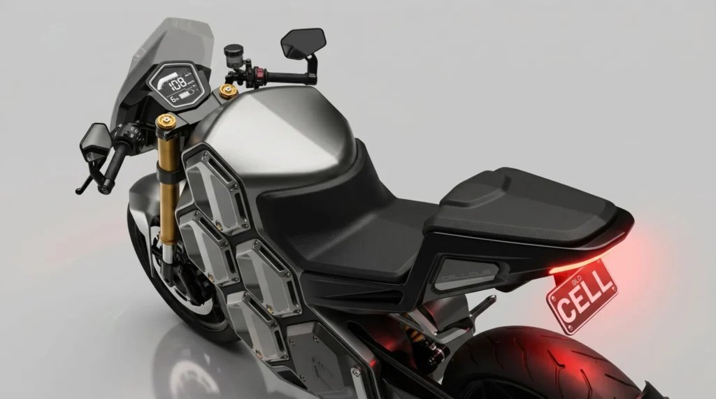 Selle, tableau de bord et modules de batterie de la Cellcius C-01 vus de trois quarts arrière