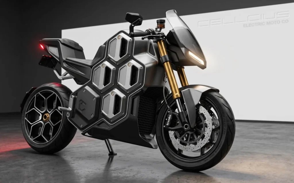 Moto électrique Cellcius C-01 vue de trois quarts avant, fourche dorée et modules de batterie amovibles