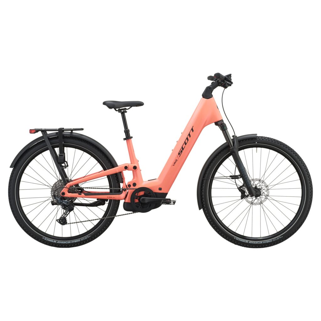 Scott E-Ville 10 SUV coloris peach pink, vélo électrique tout-suspendu avec fourche RockShox 120 mm