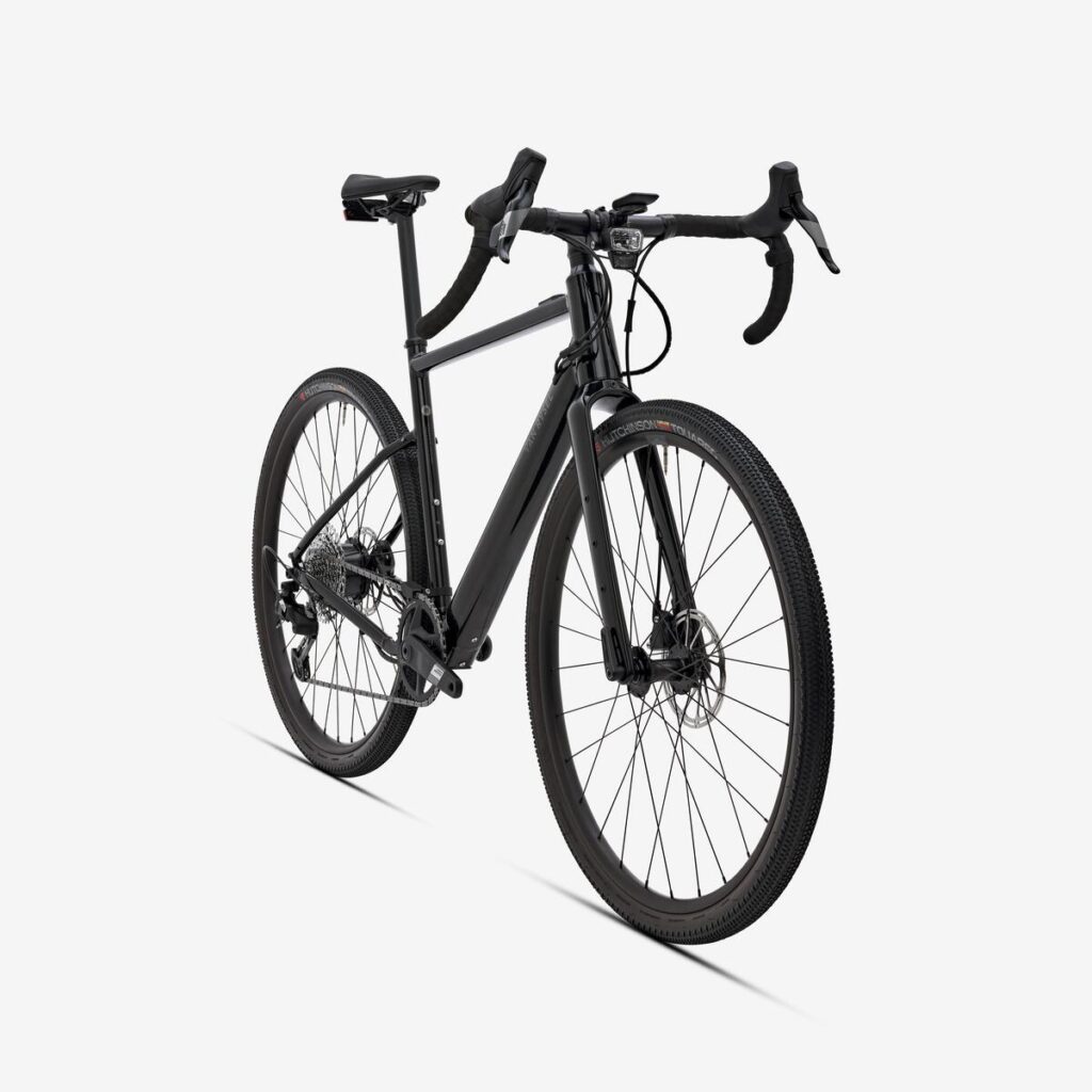 Van Rysel E-GRVL AF HD X30 noir fumé vu de trois quarts avant, cintre gravel évasé