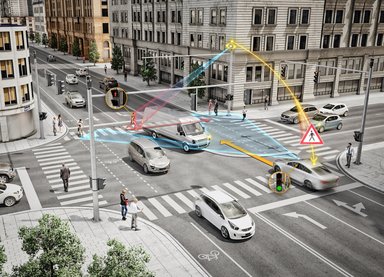 Intersection urbaine connectée avec véhicules, cyclistes et piétons en communication V2X