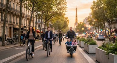 Cyclistes sur une piste cyclable à Paris, symbole de la progression des villes françaises en 2025