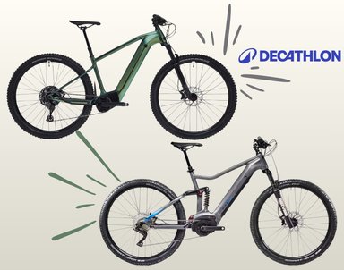Deux VTT électriques Decathlon en promotion : Rockrider E-EXPL 700 vert bouteille et Stilus E-Trail gris, –501 € chacun