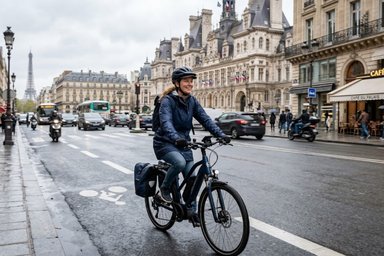 Femme à vélo électrique sur une piste cyclable à Paris, devant l'Hôtel de Ville et la Tour Eiffel