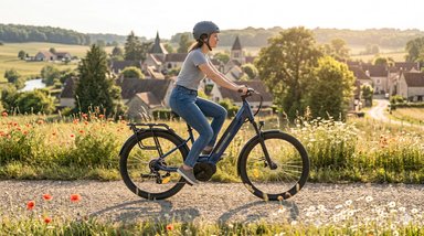 VTC électrique Nakamura Crossover V bleu Intersport vue de profil avec cadre ouvert et batterie intégrée