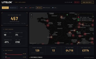 Carte interactive montrant les zones à risques de vols de vélos en France avec statistiques de criminalité.