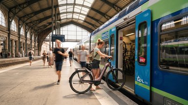 Une cycliste monte son vélo électrique à bord d'un train régional.