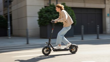 Jeune femme circulant en trottinette électrique sur une route urbaine ensoleillée