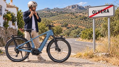 Casque à vélo obligatoire en Espagne : un cycliste attache son casque à côté de son vélo électrique, devant le panneau de sortie d'agglomération d'Olvera, en Andalousie
