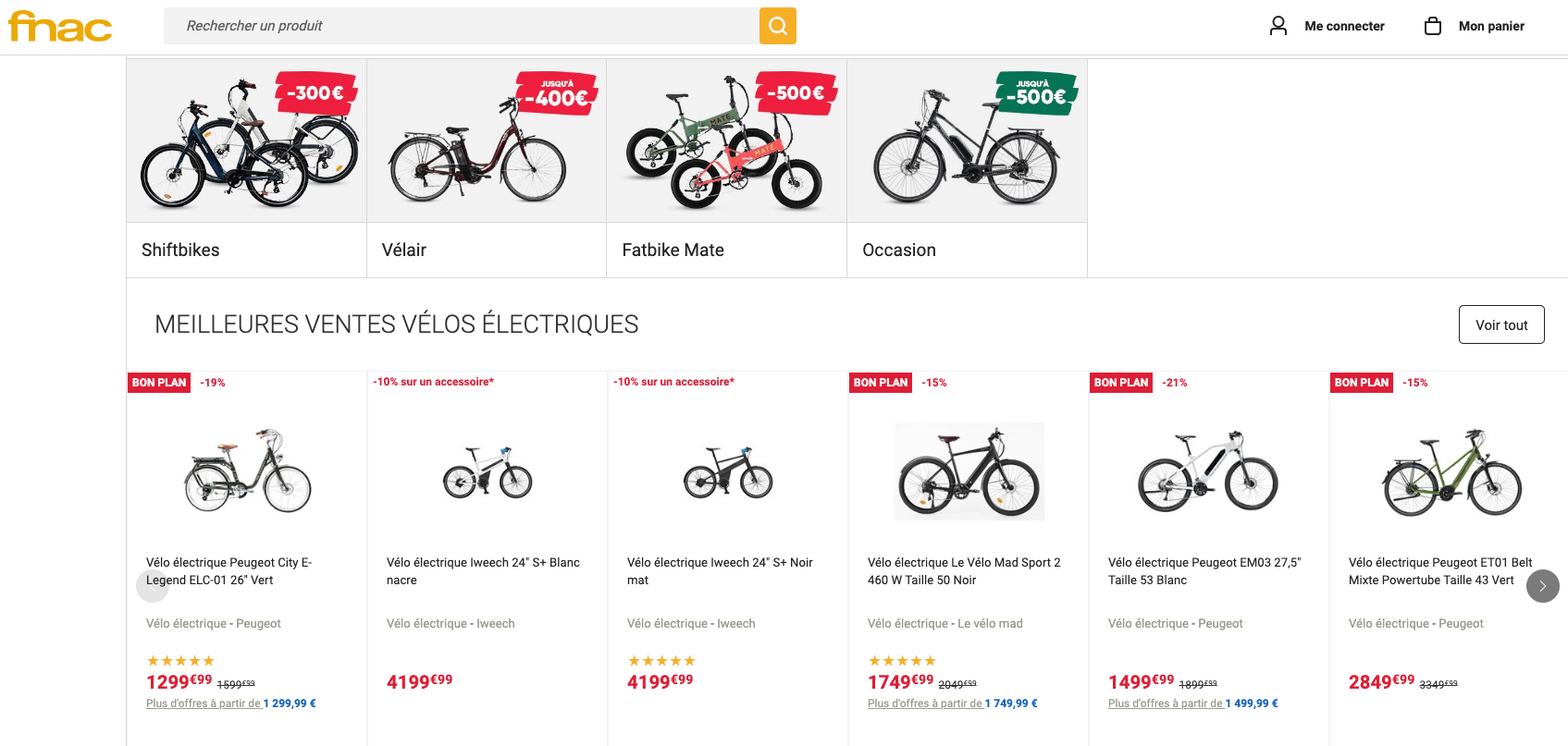 vélos électriques en vente sur le site de la Fnac