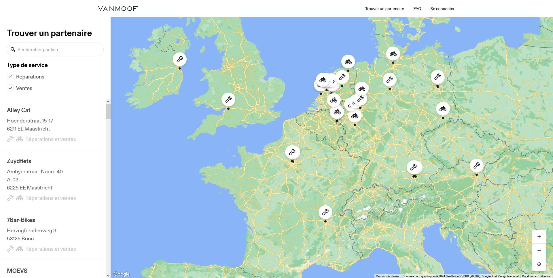 Carte réparateurs Vanmoof France Europe