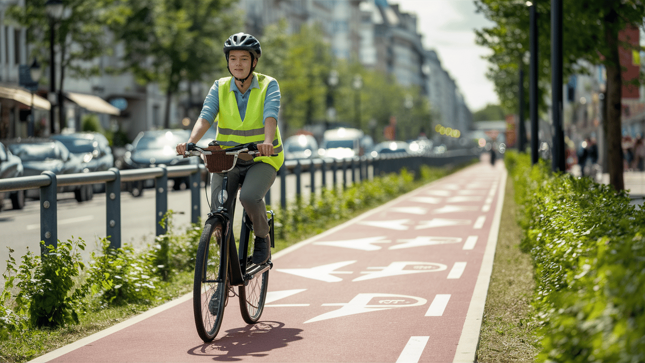 Cycliste sur piste cyclable en ville