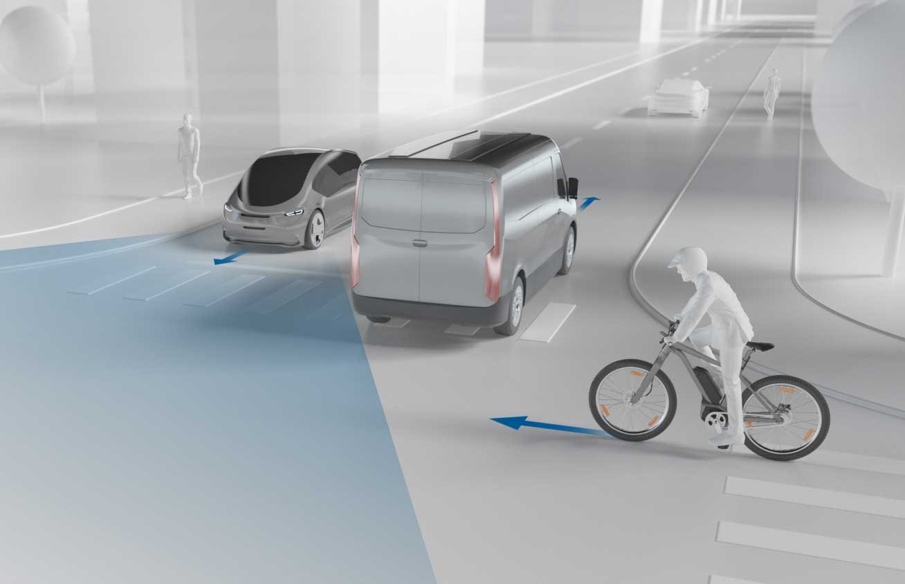 Vélo électrique Canyon Citylite:ON équipé de la technologie V2X, illustrant la détection des voitures et bus pour améliorer la sécurité des cyclistes en ville.