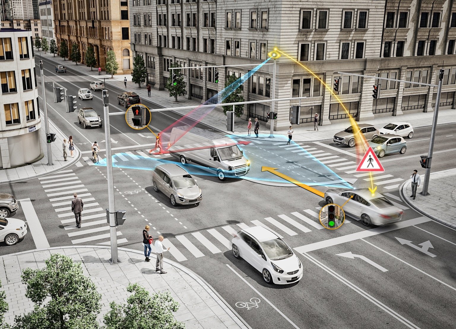 Intersection urbaine connectée avec véhicules, cyclistes et piétons en communication V2X