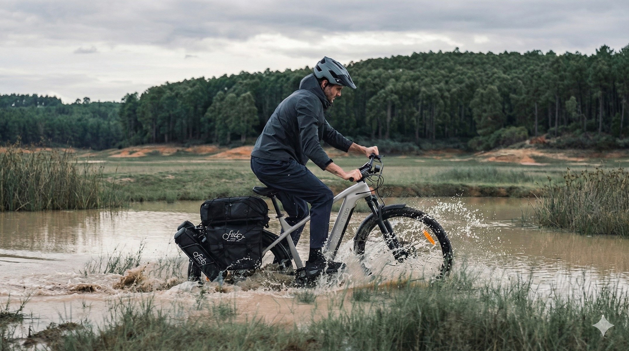 Vélo électrique Fiido Nomads couleur sable équipé de trois batteries modulaires.