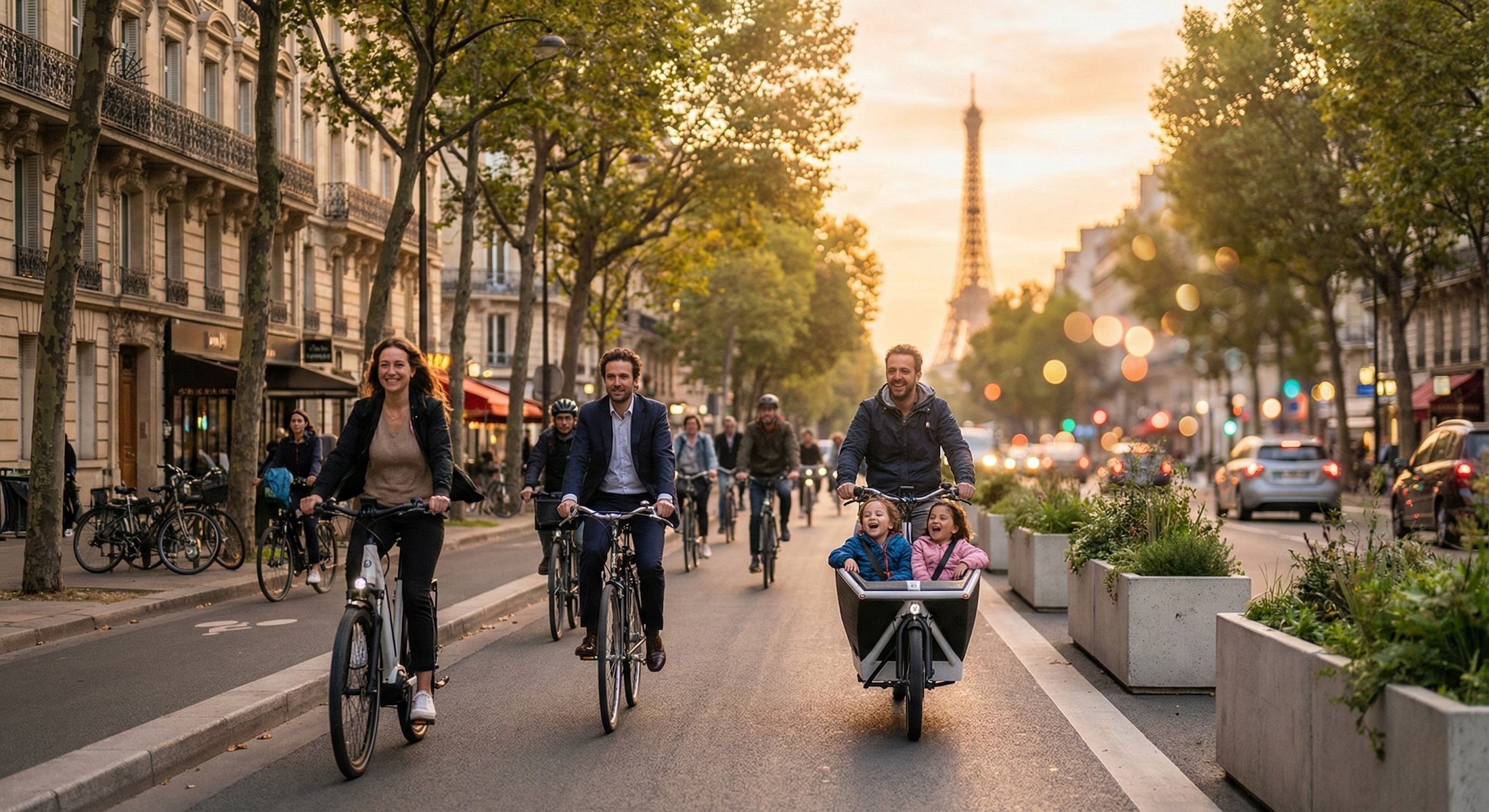 Cyclistes sur une piste cyclable à Paris, symbole de la progression des villes françaises en 2025