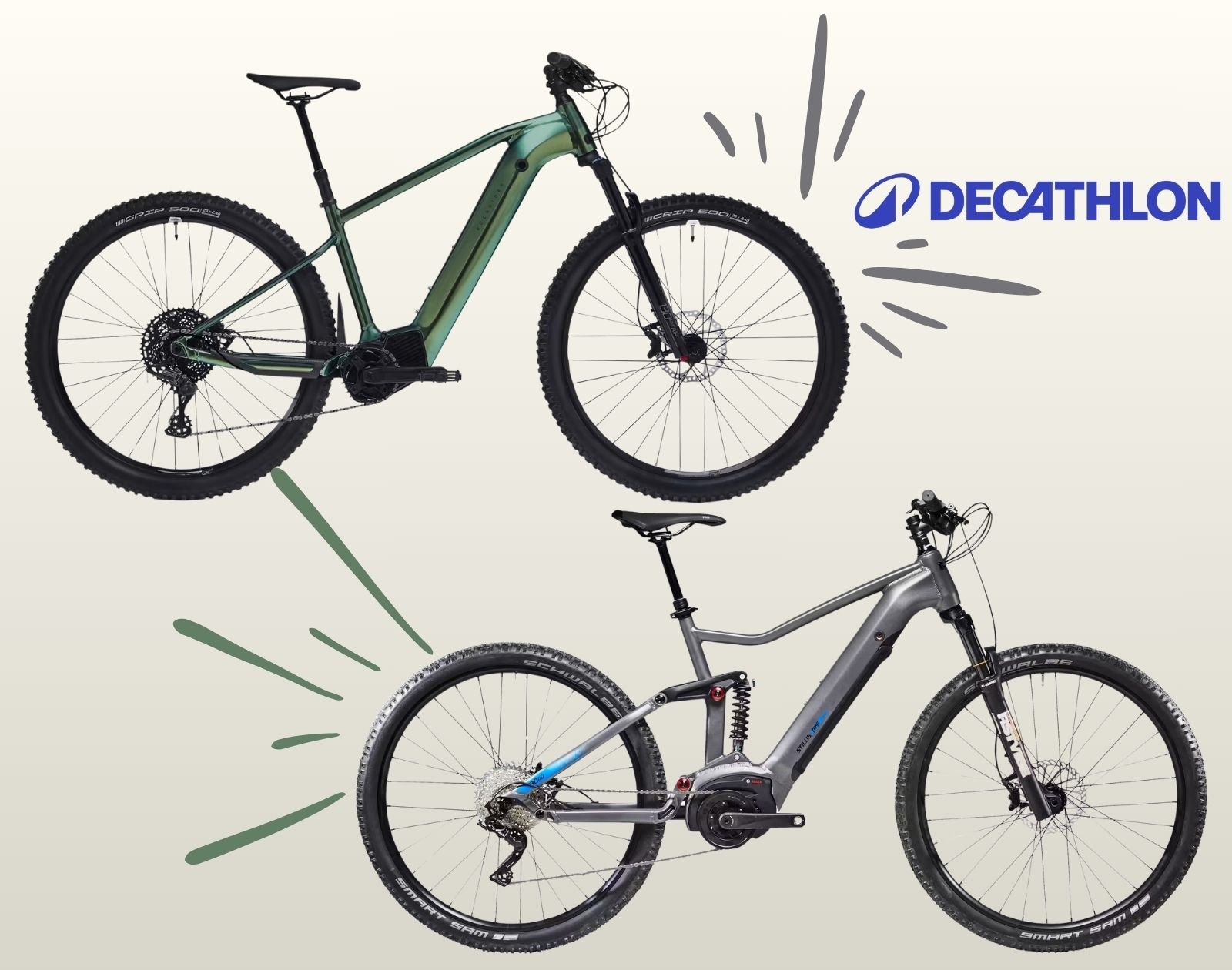 Deux VTT électriques Decathlon en promotion : Rockrider E-EXPL 700 vert bouteille et Stilus E-Trail gris, –501 € chacun