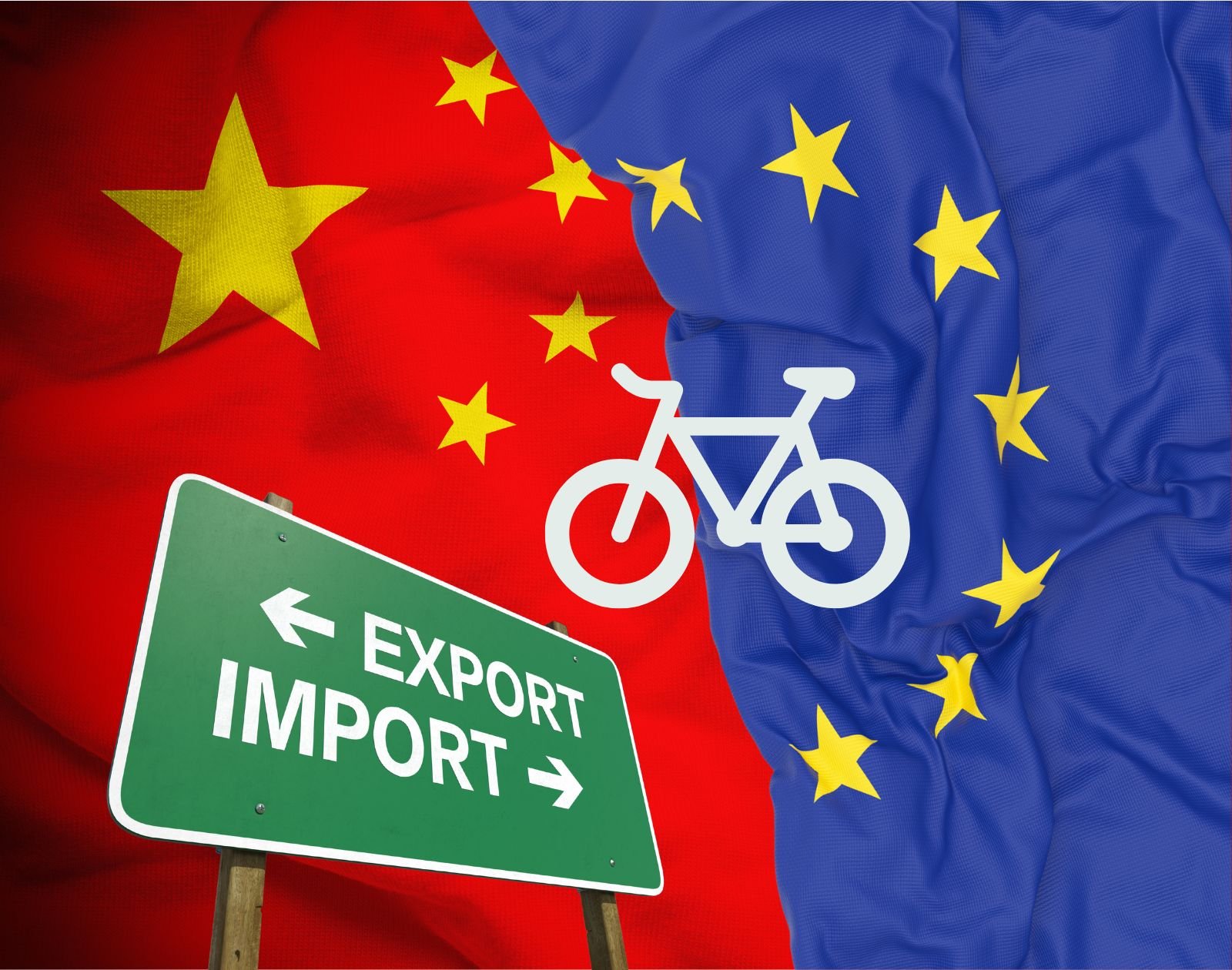 Drapeaux de la Chine et de l’Union européenne symbolisant les échanges commerciaux de vélos entre les deux zones.
