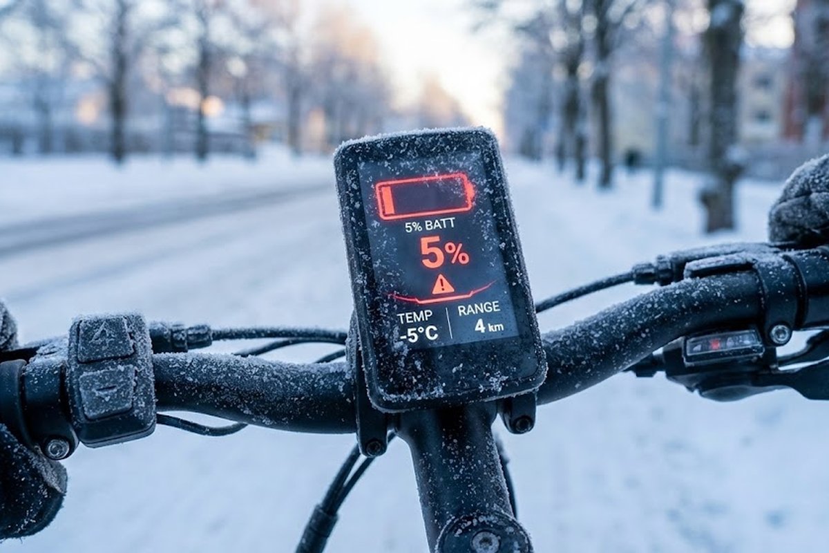 Écran de vélo électrique affichant 5 % de batterie par –5 °C en hiver