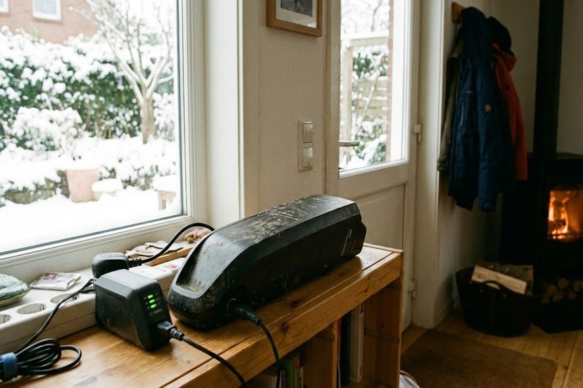batterie de vélo électrique en charge à l’intérieur en hiver