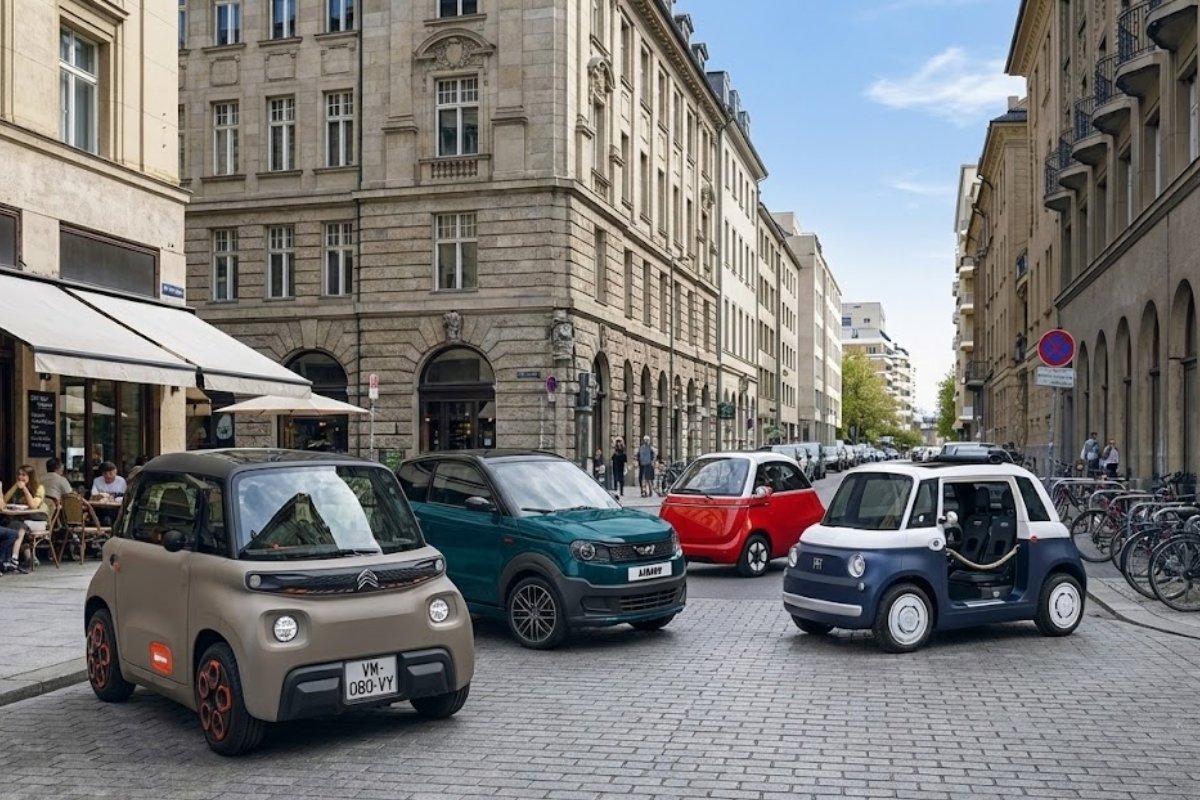 Alignement de quatre micro-citadines électriques dans une rue urbaine pavée : une Citroën Ami beige, une Ligier Myli vert canard, une Microlino rouge et une Fiat Topolino bleue.