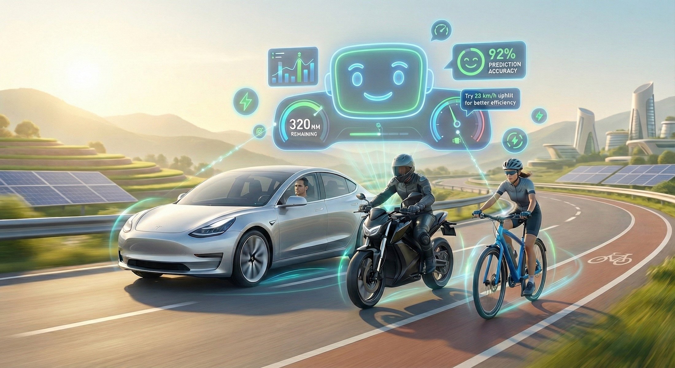 Interface d'intelligence artificielle prédisant l'autonomie d'un véhicule électrique sur écran numérique