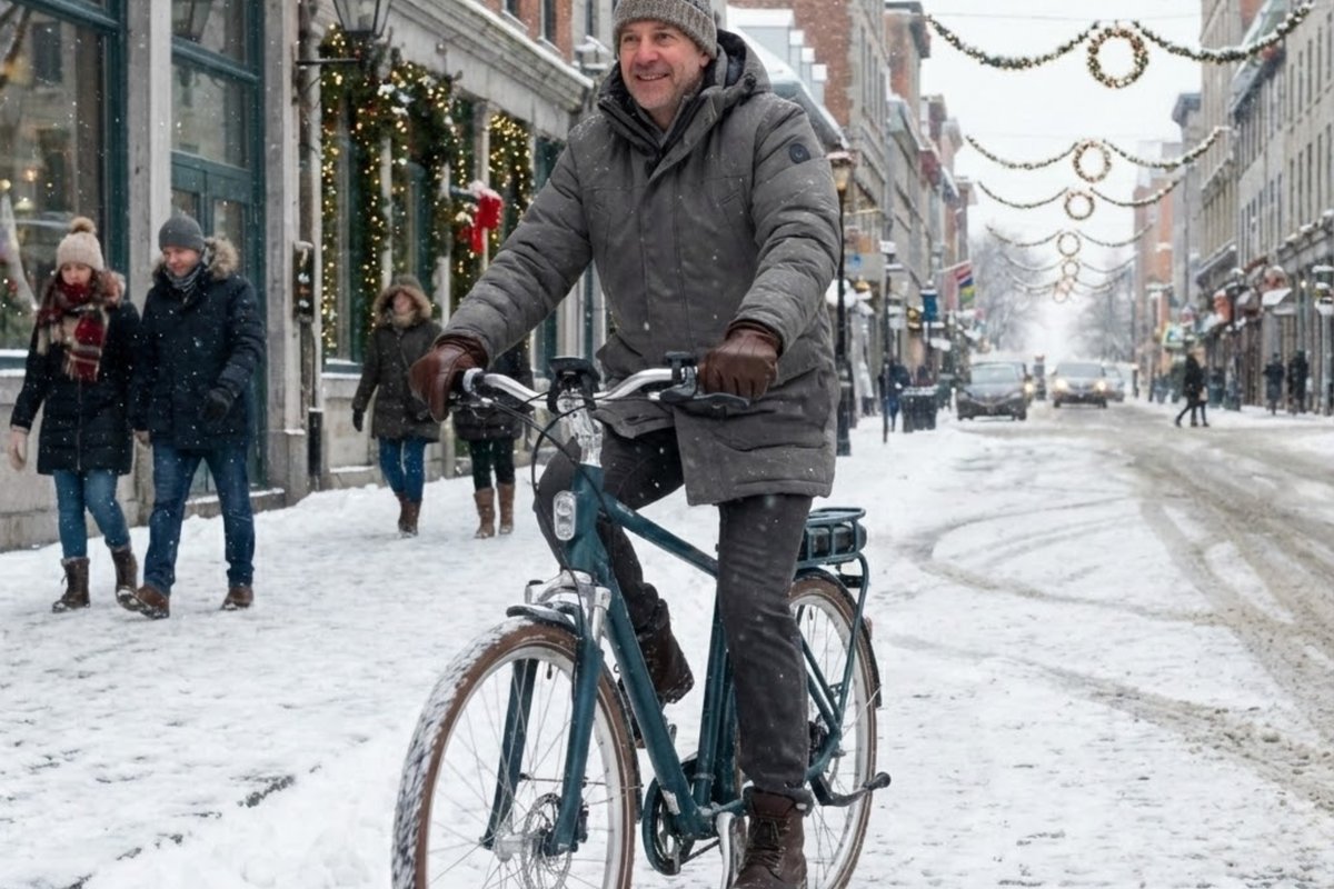 Homme roulant en vélo électrique en ville en hiver sur route enneigée