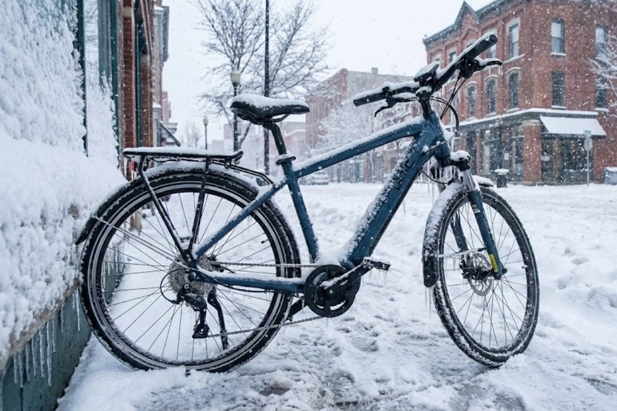 Vélo électrique laissé dehors sous la neige en hiver