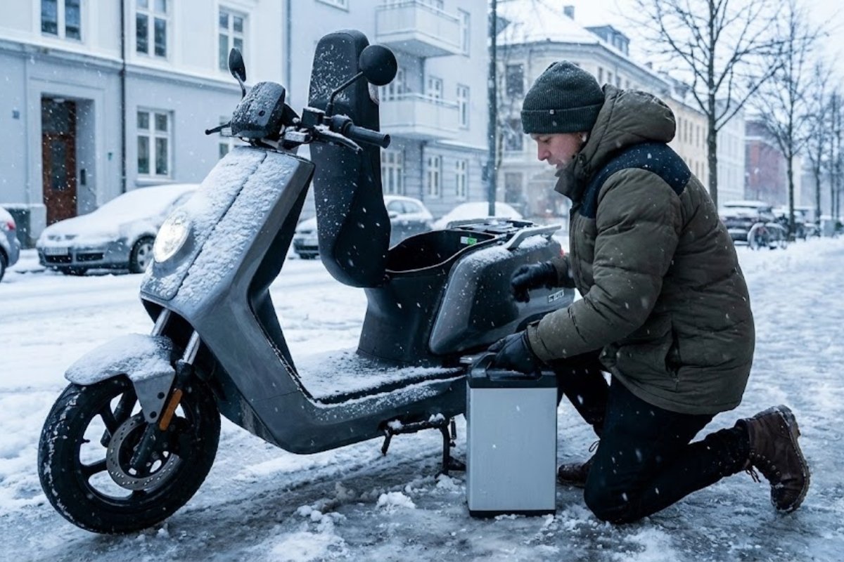 retrait de la batterie amovible d’un scooter électrique en hiver