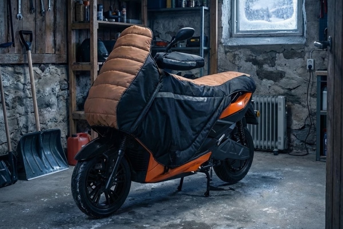 scooter électrique hiverné dans un garage avec protection contre le froid