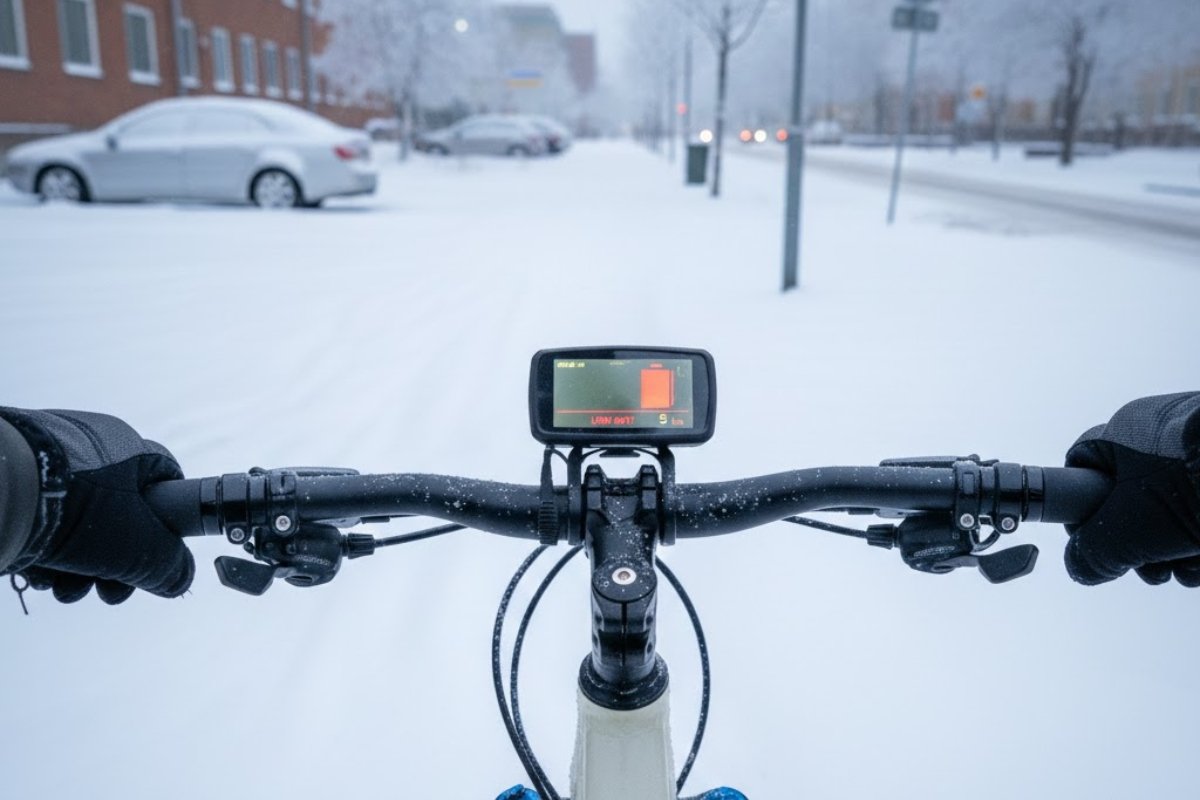 écran de vélo électrique montrant une batterie faible par temps froid