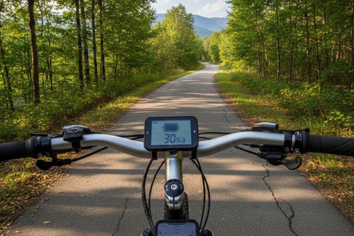 écran affichant 30 % de batterie sur un vélo électrique en terrain vallonné