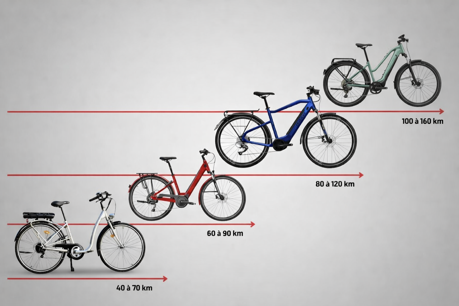 comparatif autonomie vélo électrique de 40 à 160 km selon la batterie