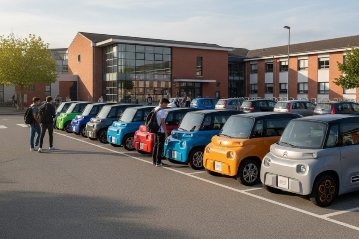 Plusieurs voitures sans permis électriques garées devant un lycée avec des adolescents