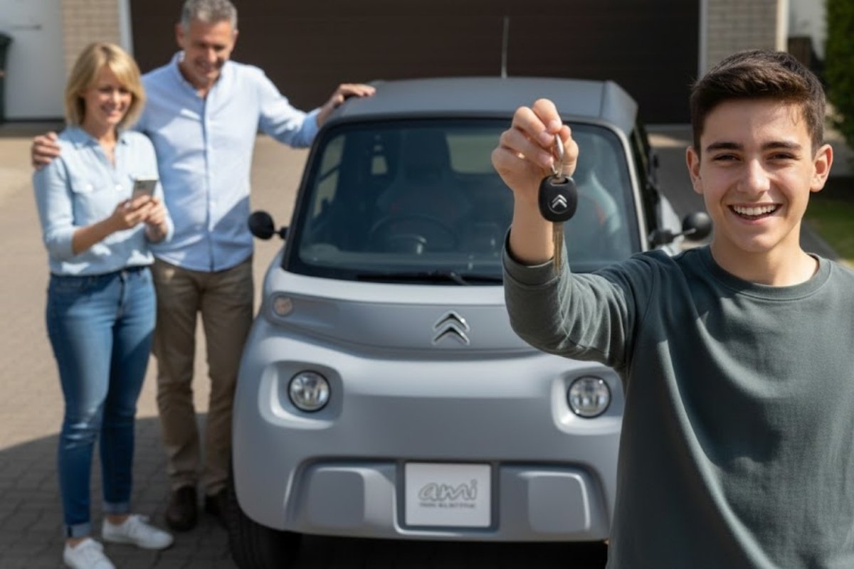 Adolescent recevant les clés d’une voiture sans permis électrique devant ses parents