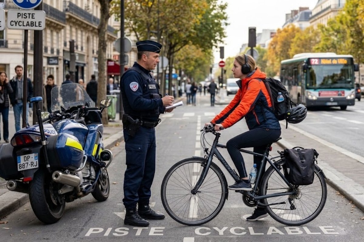 policier contrôlant une cycliste sur une piste cyclable en ville pour une infraction
