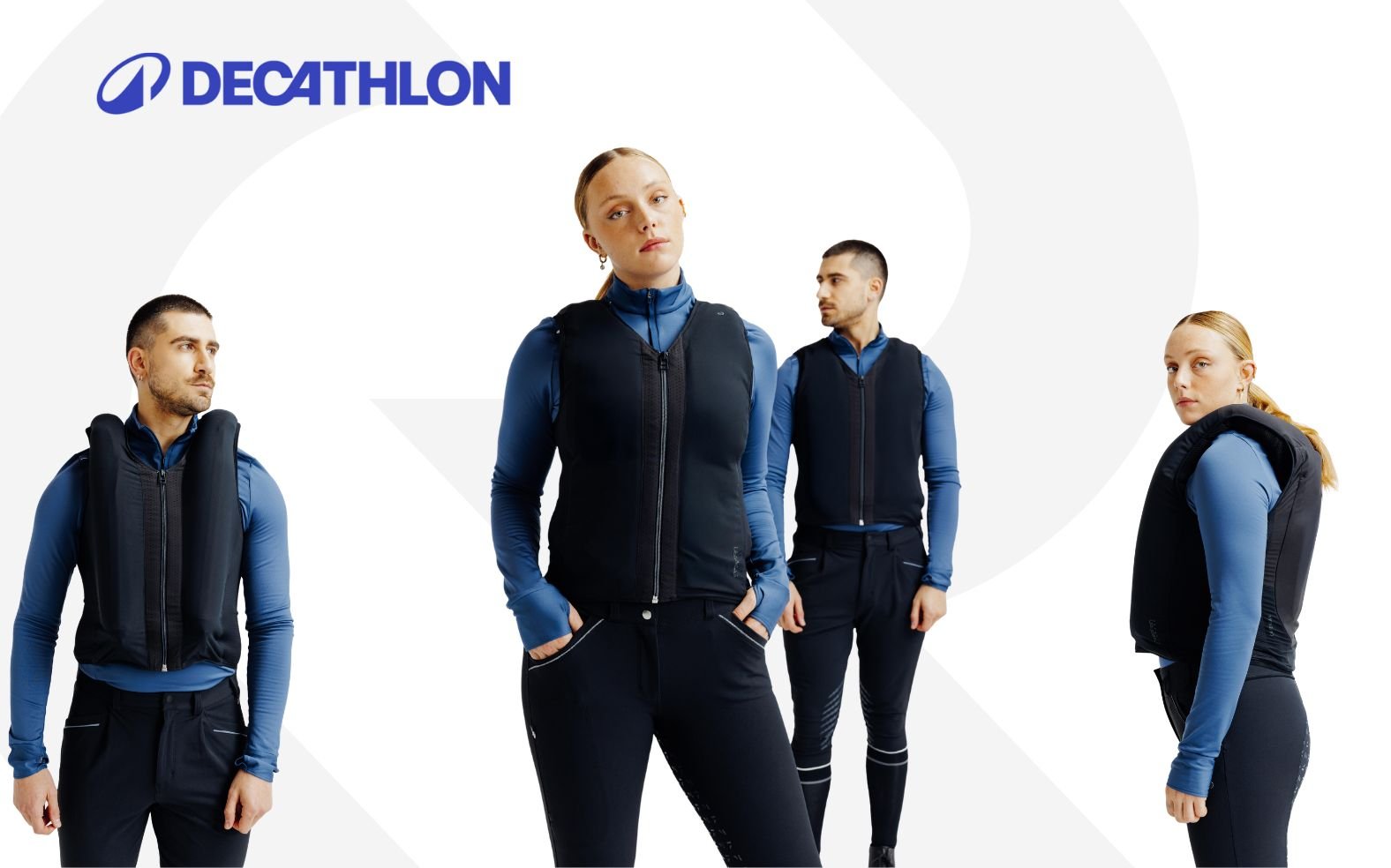 Gilet airbag électronique Decathlon porté par un cycliste et un cavalier en environnement urbain