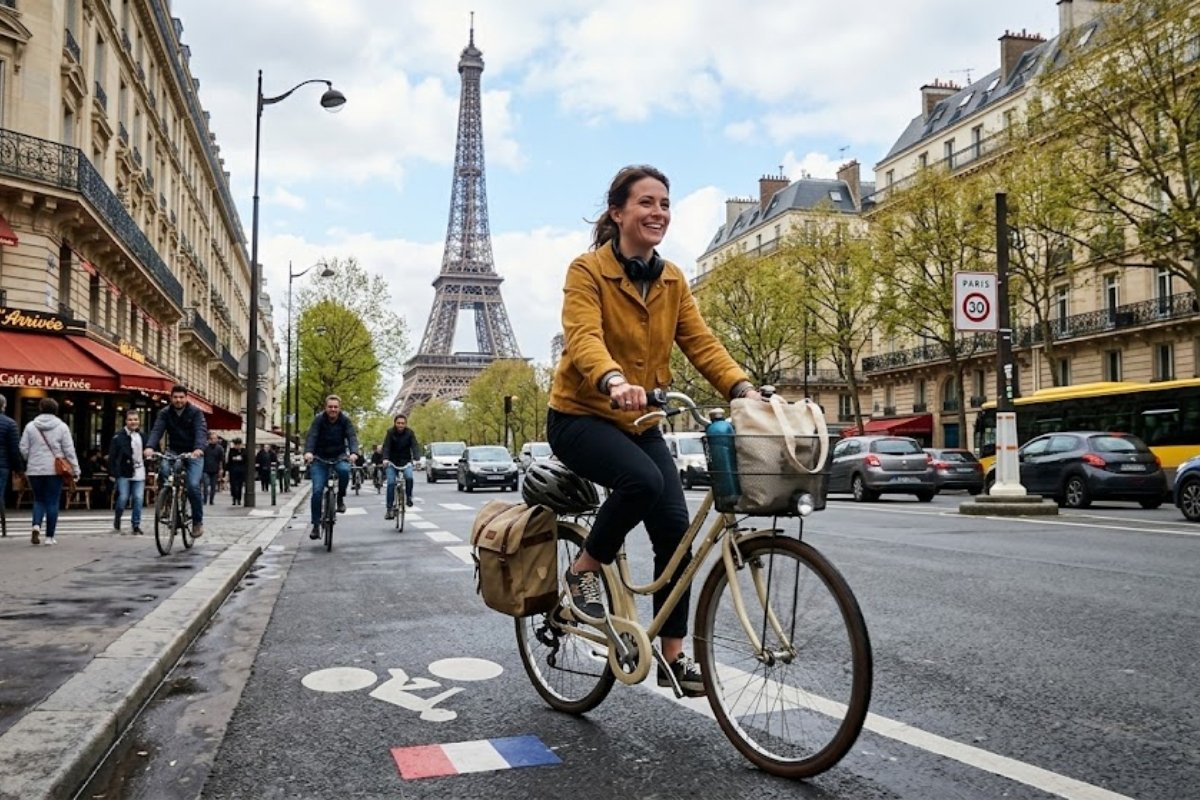 Cycliste sur son vélo sur une piste cyclable à Paris avec la Tour Eiffel en arrière-plan — Forfait Mobilités Durables 2026