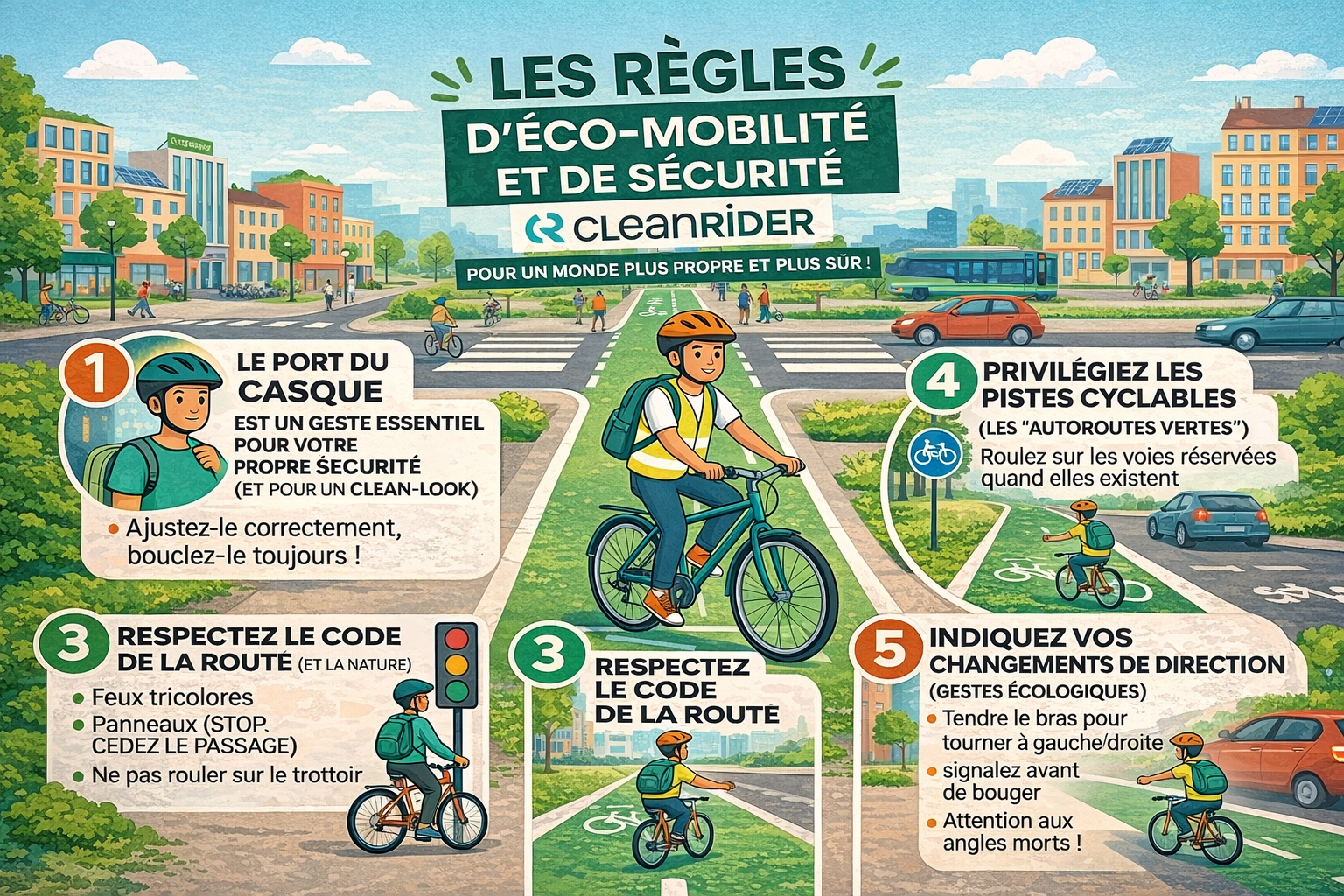 infographie des règles du code de la route à vélo avec casque, signalisation et piste cyclable