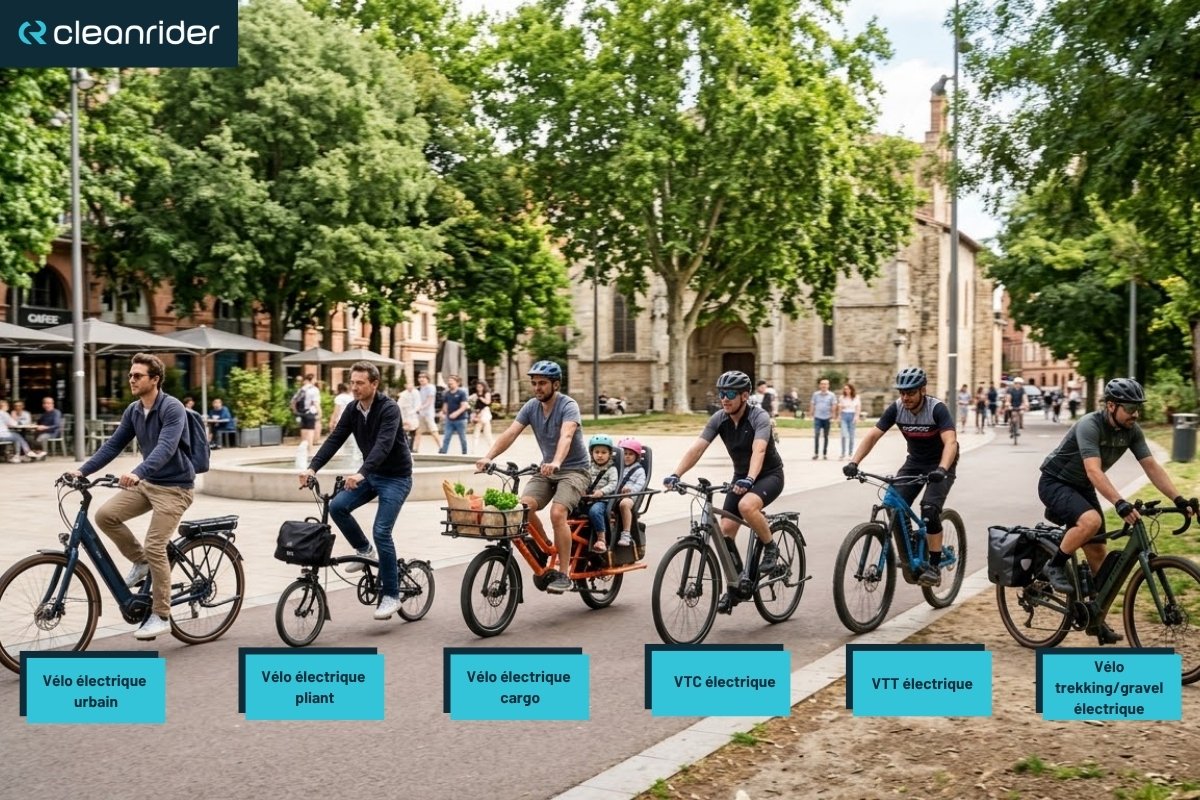 différents types de vélos électriques urbain pliant cargo vtc vtt en situation réelle