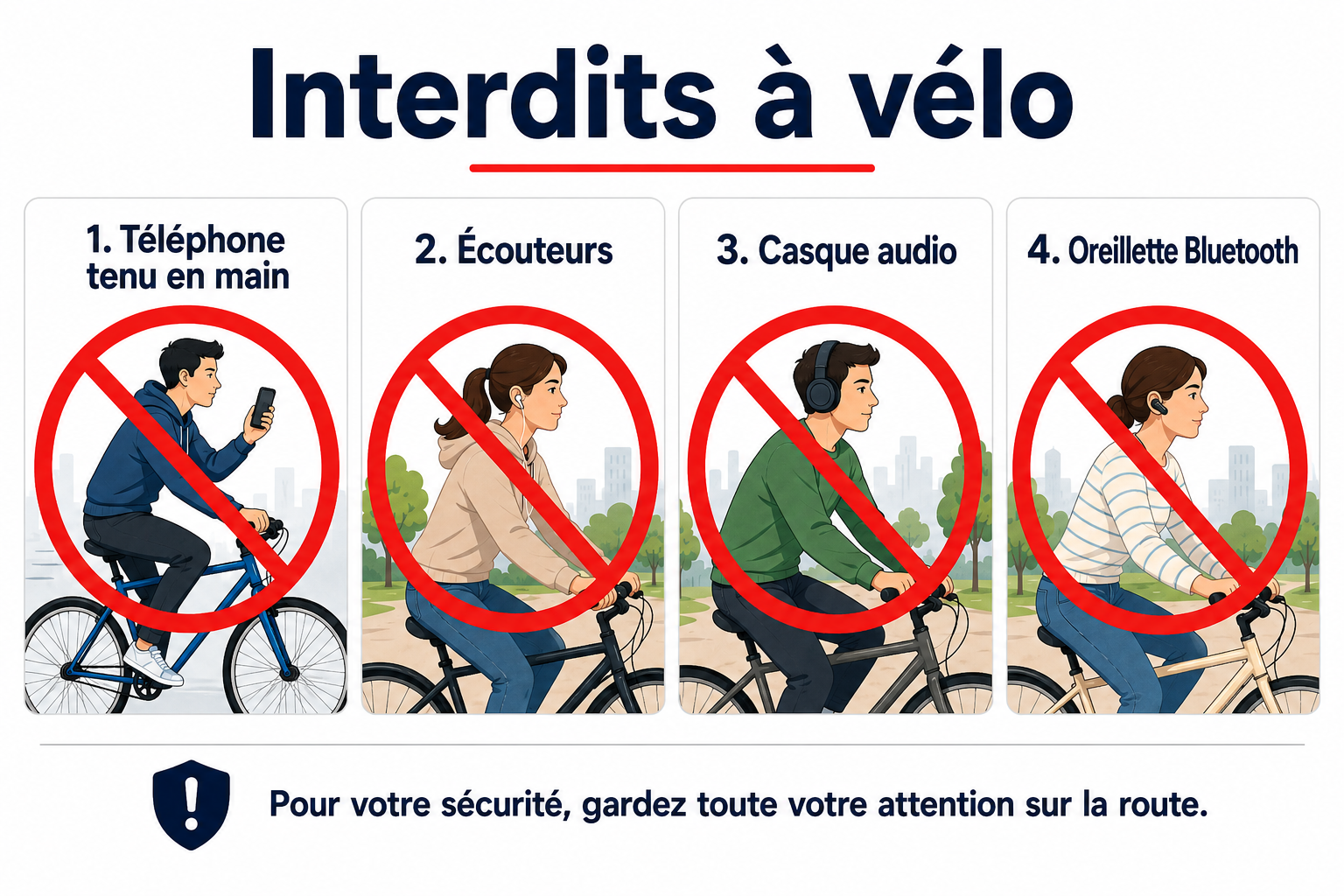 Les 4 dispositifs interdits à vélo selon le Code de la route : téléphone tenu en main, écouteurs, casque audio et oreillette Bluetooth
