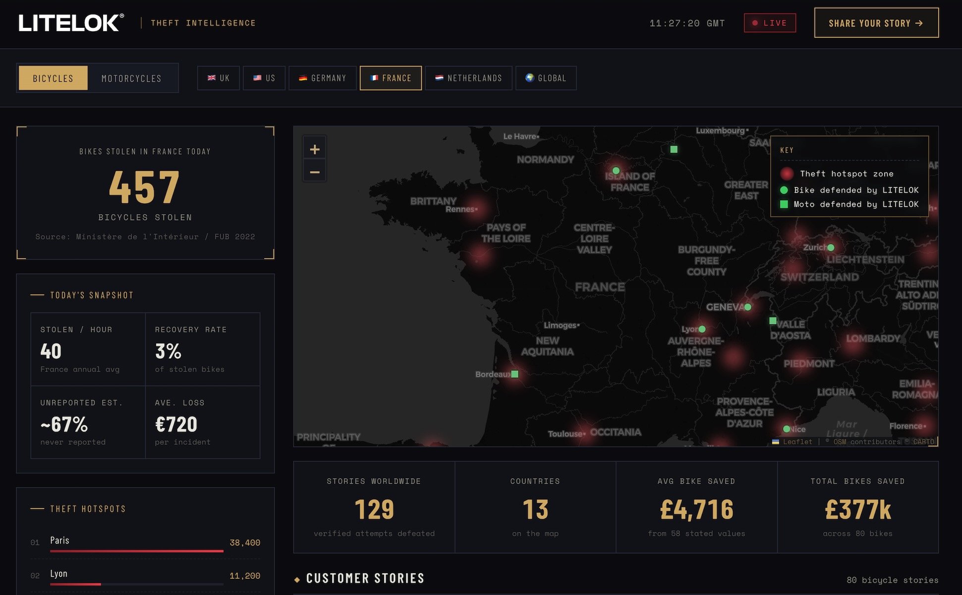 Carte interactive montrant les zones à risques de vols de vélos en France avec statistiques de criminalité.