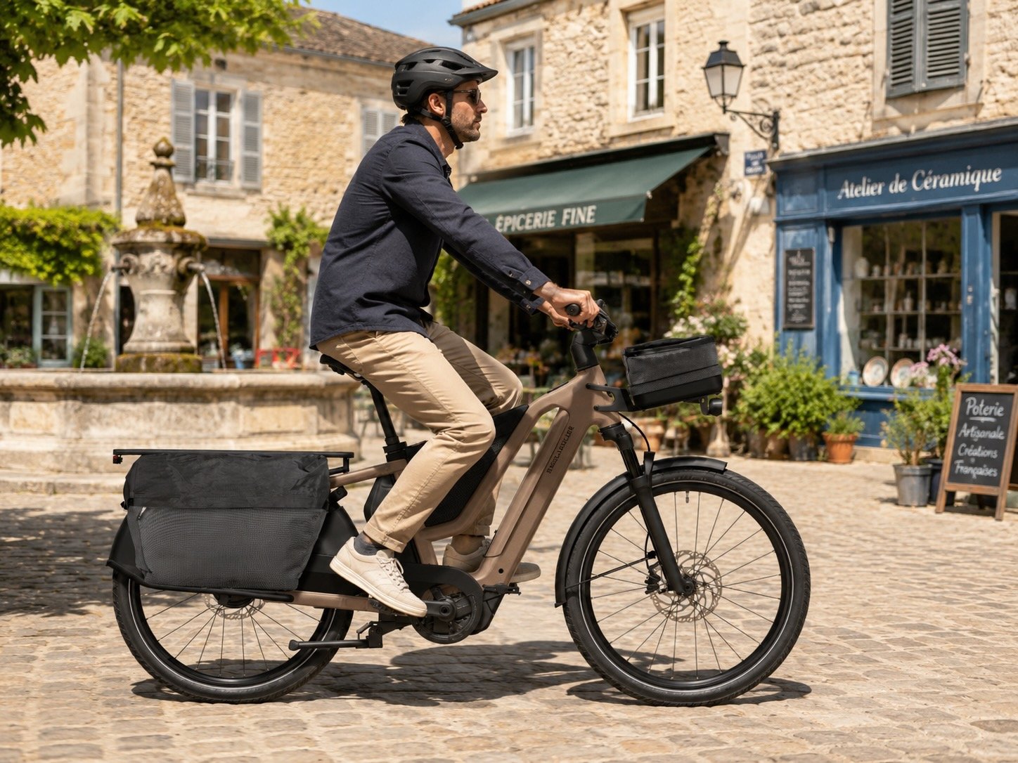 Homme à vélo électrique Riese & Müller marron avec sacoches dans une rue pavée