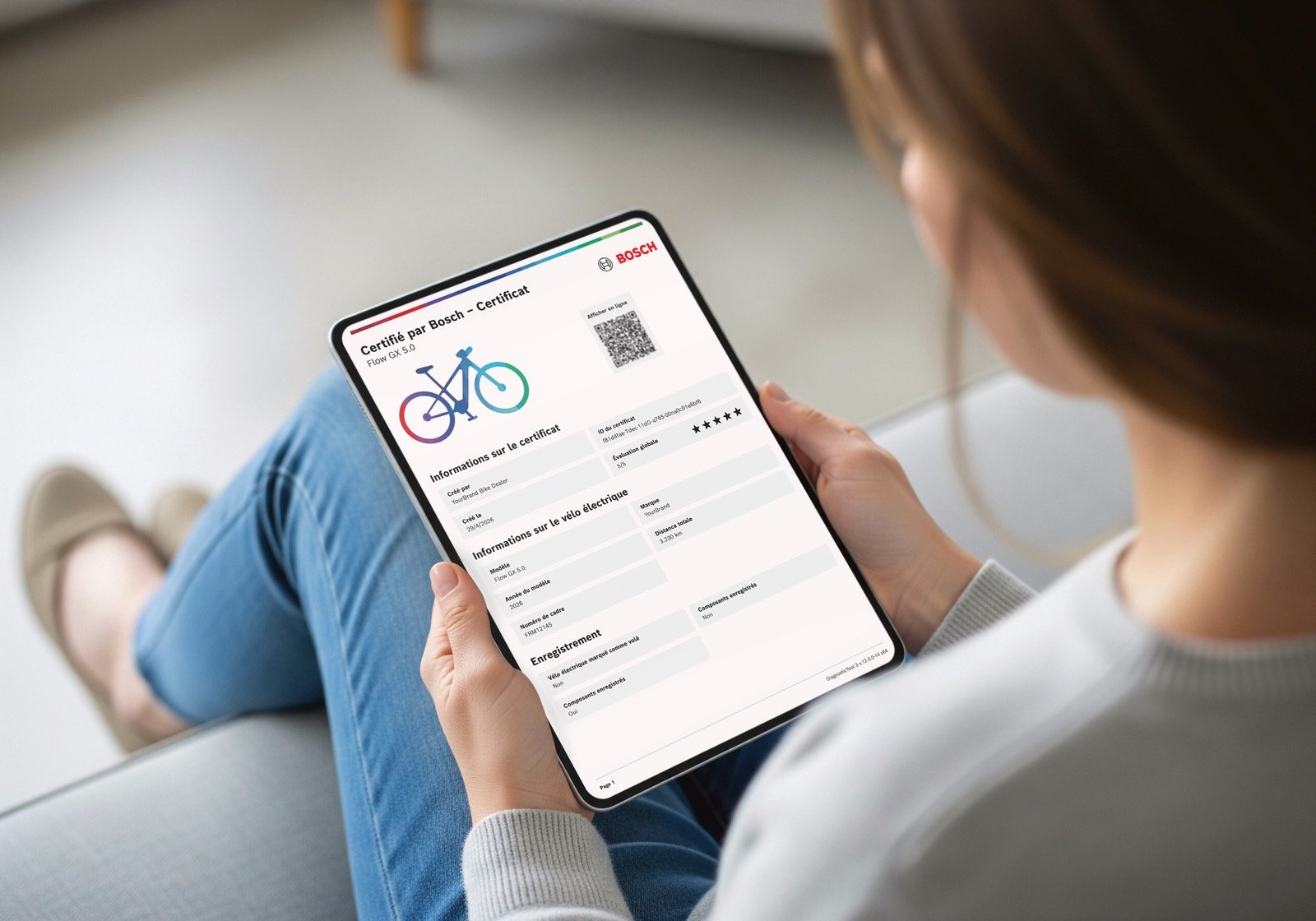 Certificat Bosch affichant l’état d’un vélo électrique d’occasion, avec les données de batterie et de moteur.