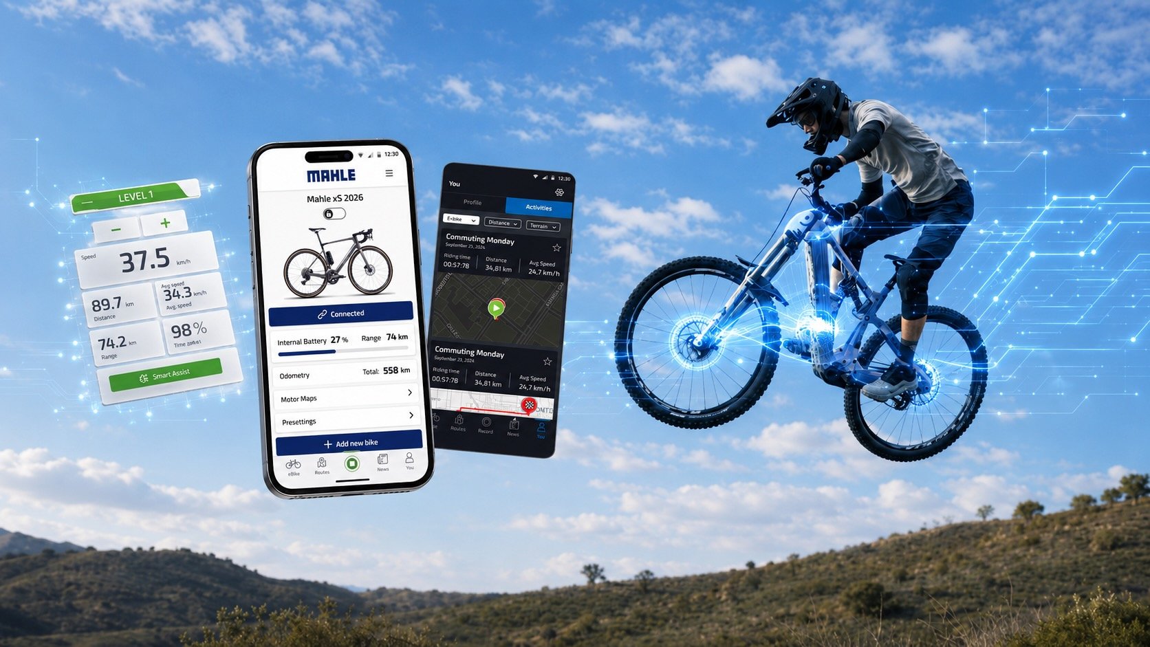 Interface MySmartBike avec tableau de bord personnalisable sur écran de vélo électrique Mahle